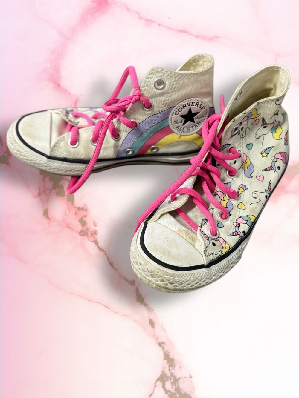 Converse Kids White Canvas Unicorn & Rainbow High Top Sneakers with Pink Laces